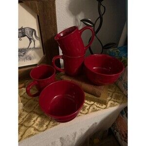 Mainstays Red Stoneware Mug & Bowl Set Lot 5 Fiesta Style Modern Kitchen Sleek